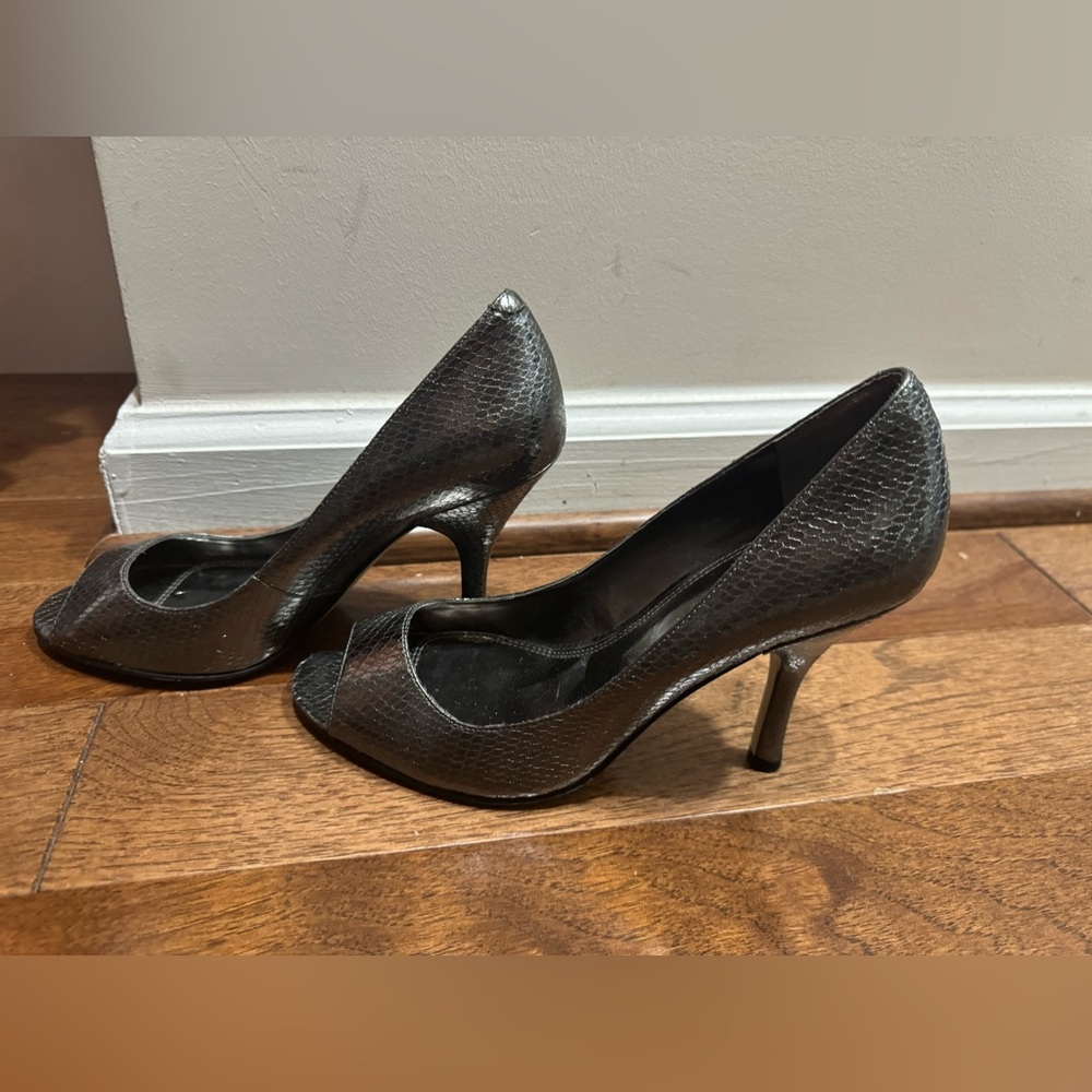 Silver and grey high heels.